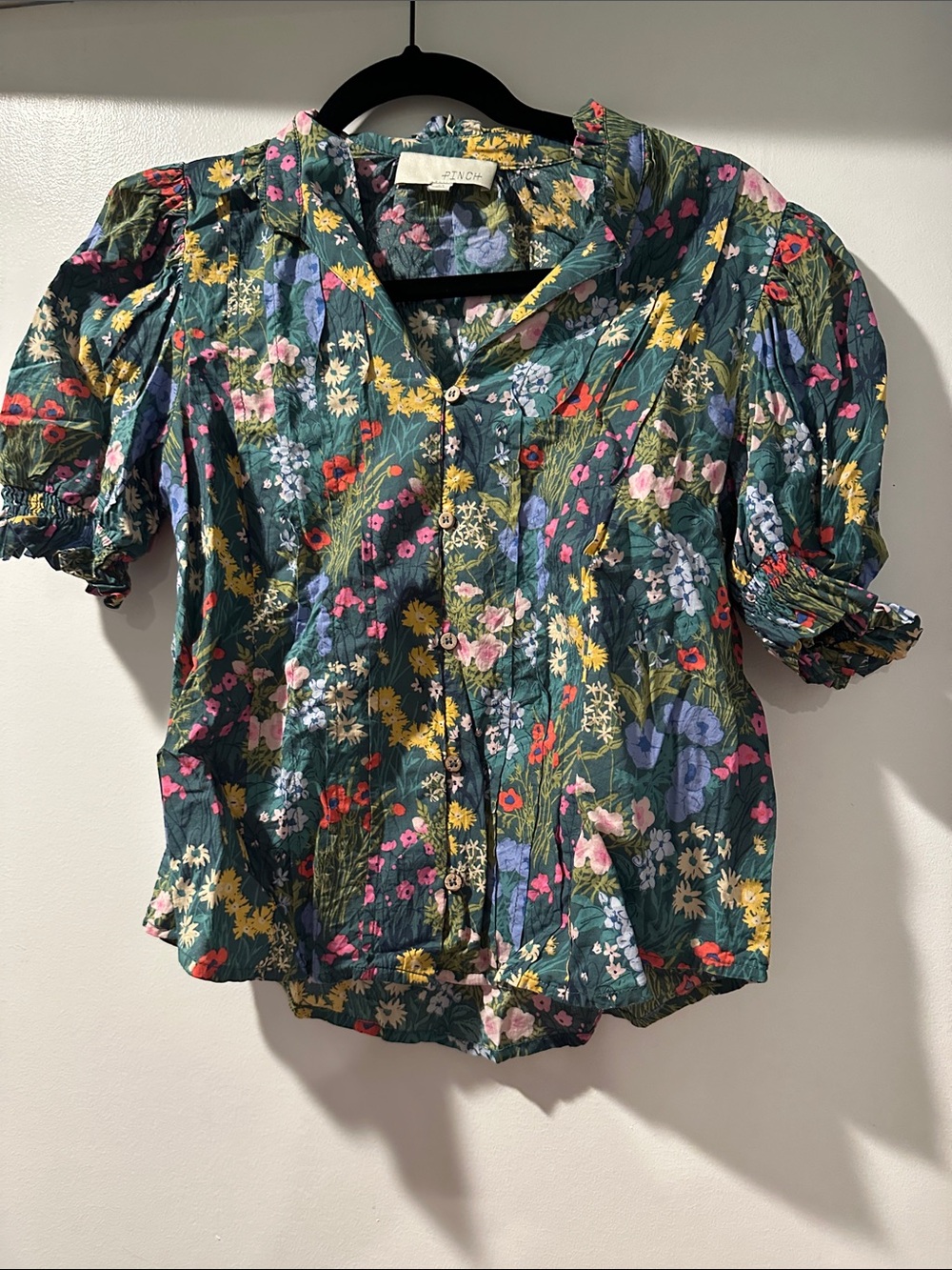 Pinch Floral Puff-Sleeve Button Front Top in Green with Multicolor Blooms